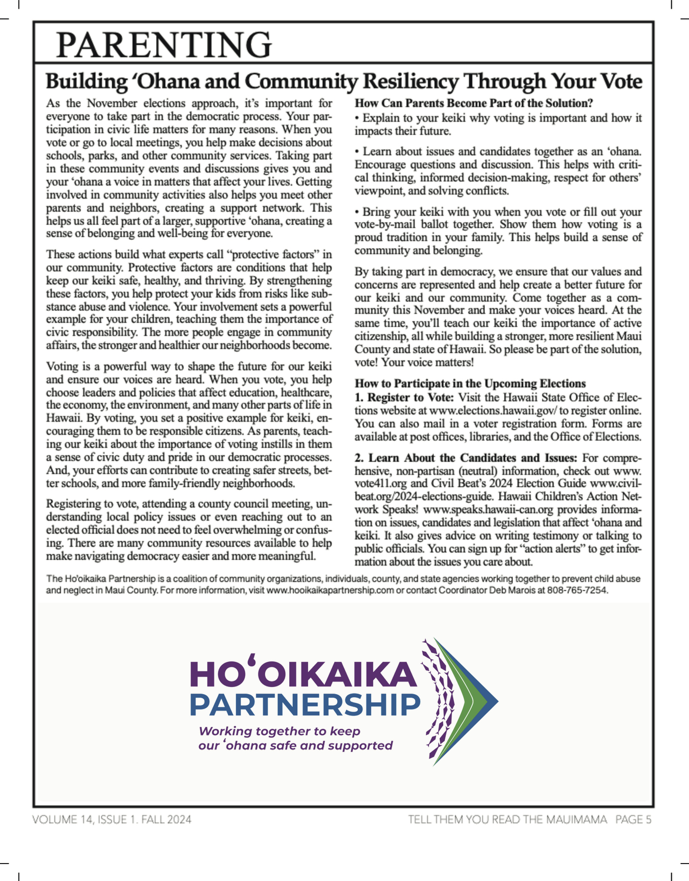 Picture of Maui Mama Magazine Article for Hooikaika Partnership